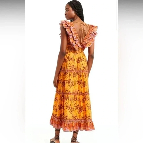 Anthropologie Love The Label Azalea Ruffled Midi Dress Beryl Mango Print Size M - Picture 4 of 7